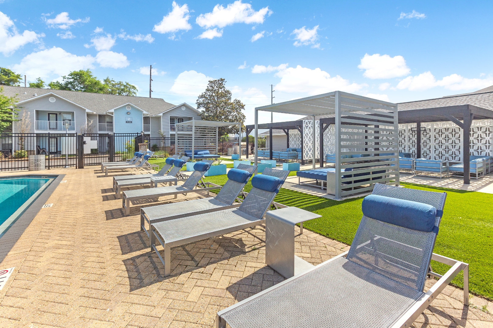 Covered pergola with lounge seating