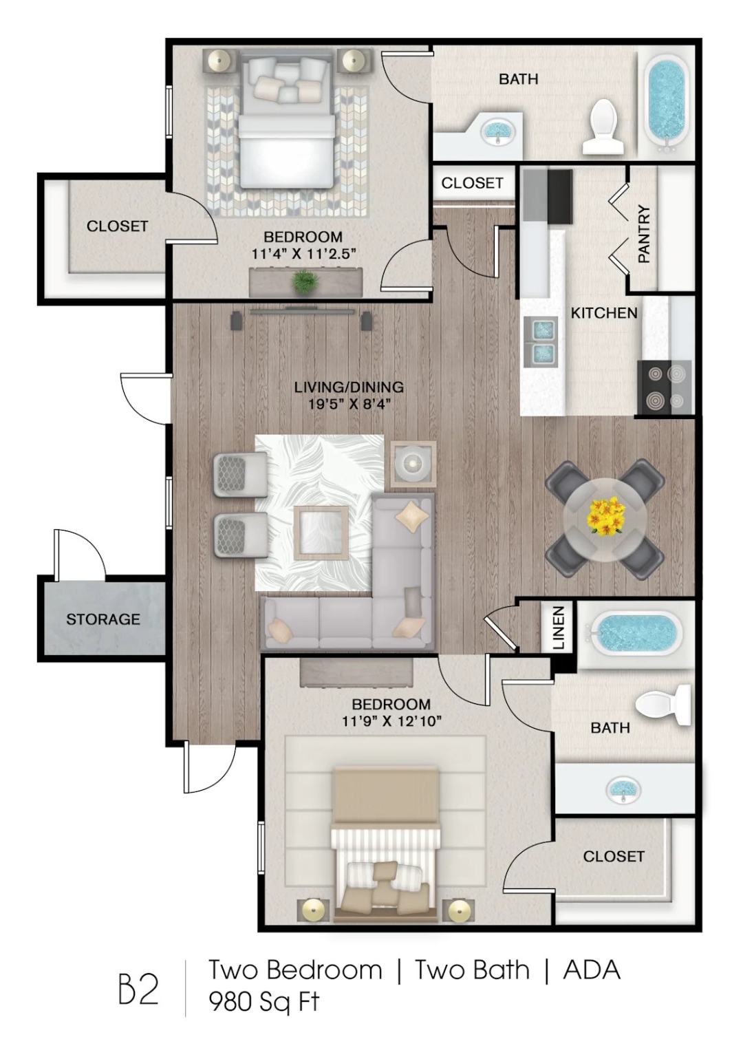 The Aria — 2 Bed / 2 Bath 980 SF ADA accessible floor plan