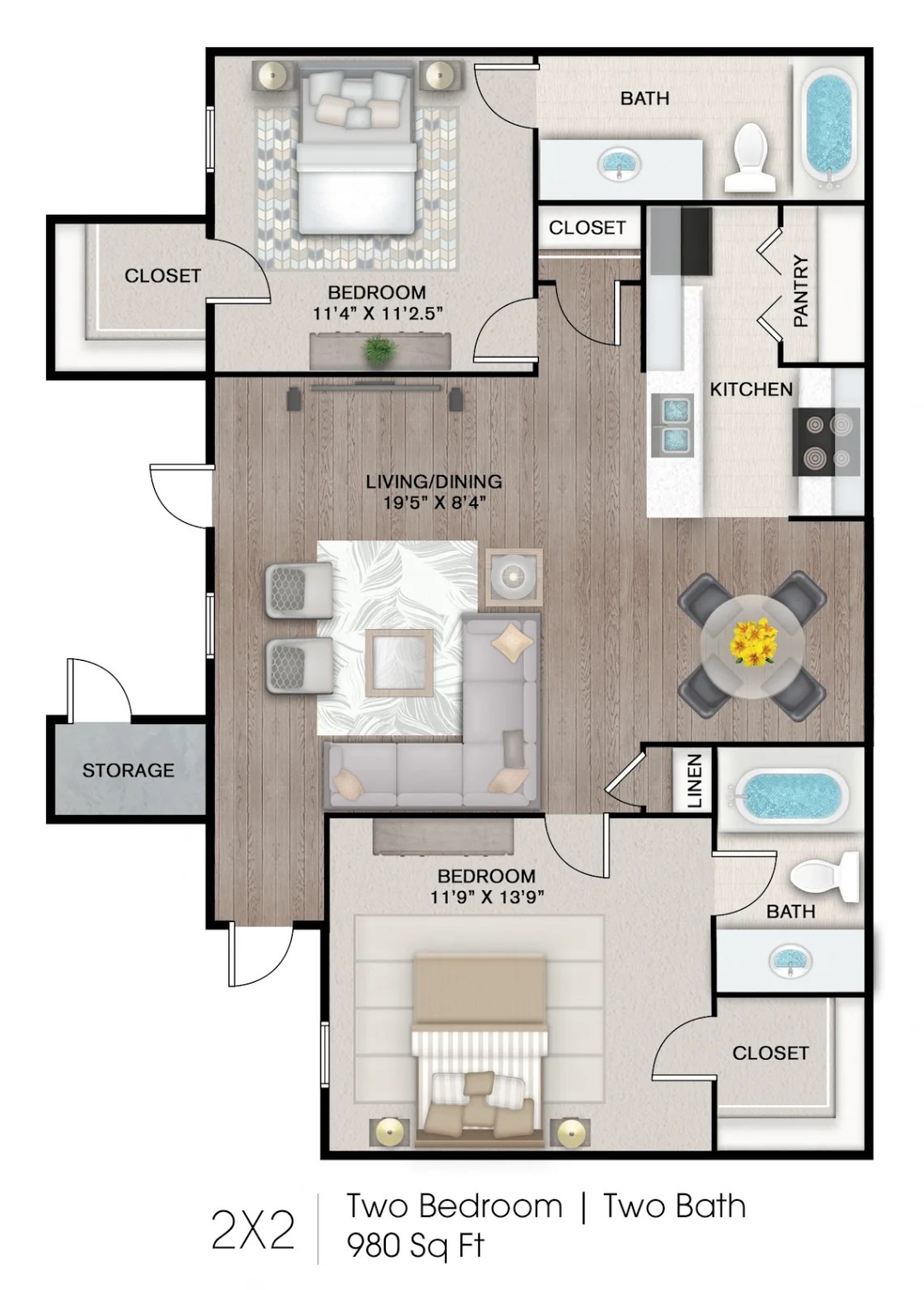 The Aria — 2 Bed / 2 Bath 980 SF floor plan